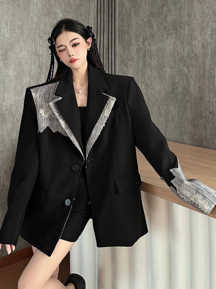 Koreaanse Vrouwen Patchwork Blazer 2025, Lente Ontwerp Gekerfde Hals Single Breasted Jas Elegante Dame Outfit Losse INKEO 4O133