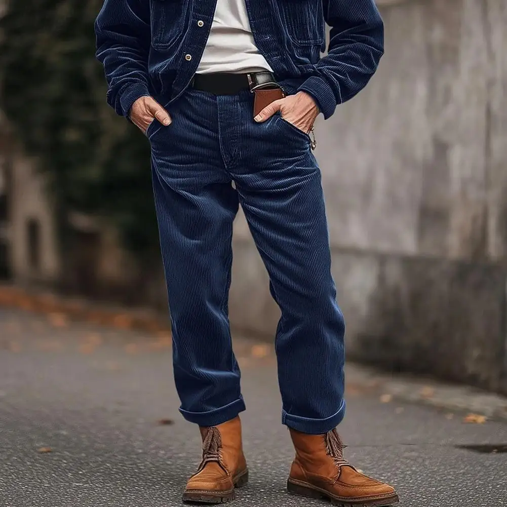 

Men Corduroy Pants With Pockets Button Zipper Closure Solid Color Business Style Loose Mid Waist Casual Outdoor Trousers