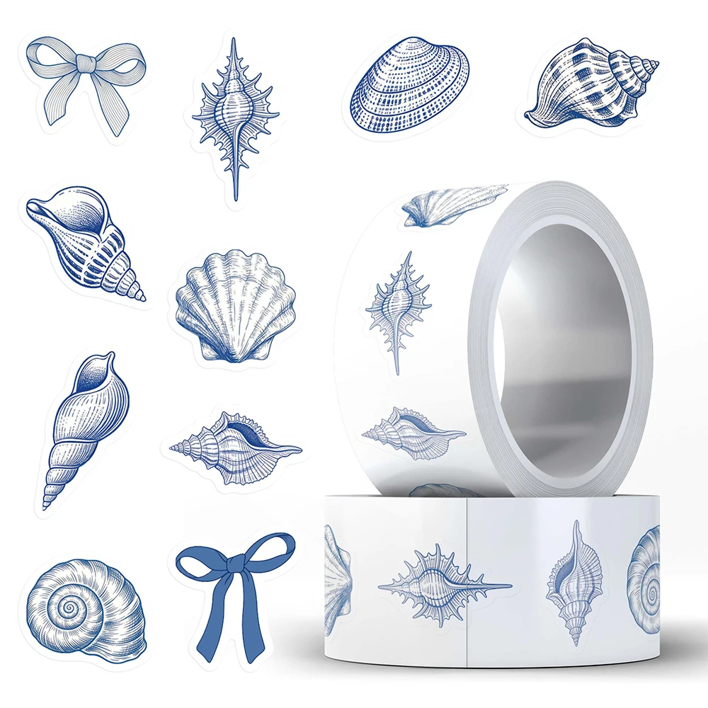 500pcs/Roll Blue Ocean Art Graffiti Sticker Shell Conch Cartoon Decals DIY Guitar Laptop Journal Aesthetic Sealing Label Sticker
