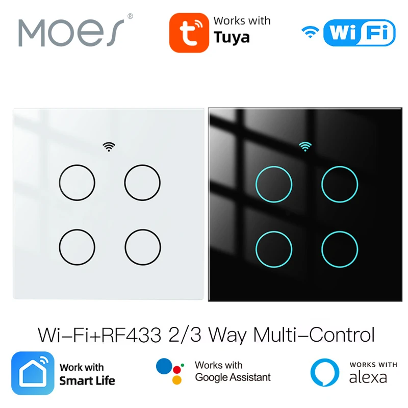 

MOES Tuya WiFi Smart 4-бандовый переключатель со стеклянной панелью Приложение Smart Life Multi-Control Association Голосовое управление Alexa Google 2/3 Way EU
