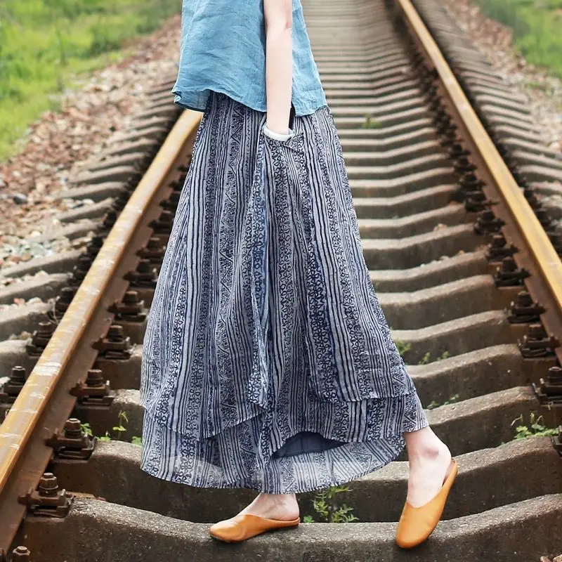 Spodnie-spódnica z lyocellu na wiosnę i lato, lekkie, z nadrukiem, dwuwarstwowe, luźne, z szerokimi nogawkami, słodkie, długie, w kształcie litery A, bawełniana spódnica.