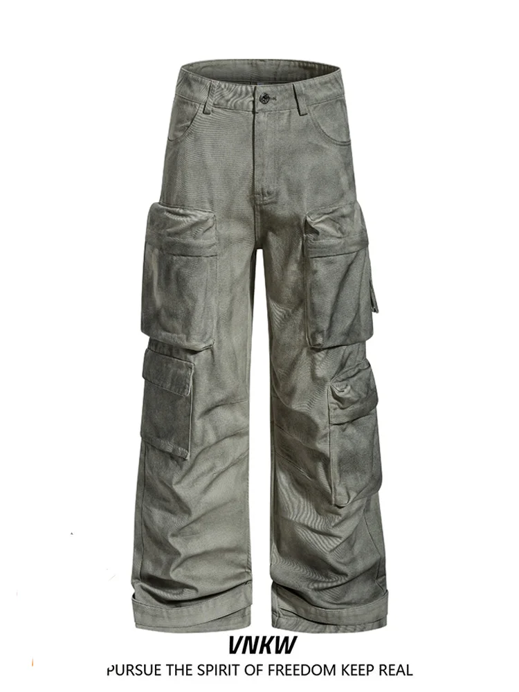 

Retro American Wasteland Sle Work Pants Men's Loose Wide Leg Casual Long Trousers Multi ket Straight Leg Wear And Tear