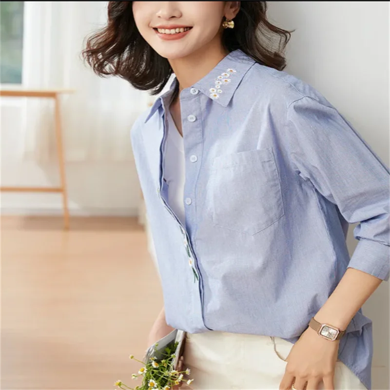 

Elegant Embroidered Shirt For Women Blouses Casual Shirt Laple Button Top Long Sleeve Woman Clothes Blous Cotton Pocket Shirt