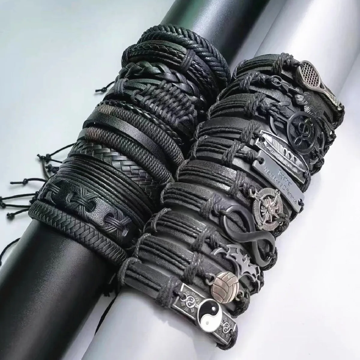 Black 10 Pcs/set Wrap Woven Handmade Men Bracelets Male Women PU Leather Bangle Wholesale Jewelry