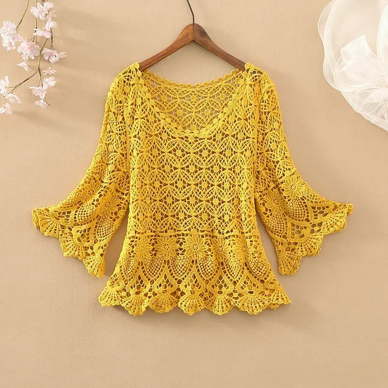 Spring and Summer Fashion New Temperament Casual Outer Wear Short Loose Openwork Sweater Women Western Style All-match E3868