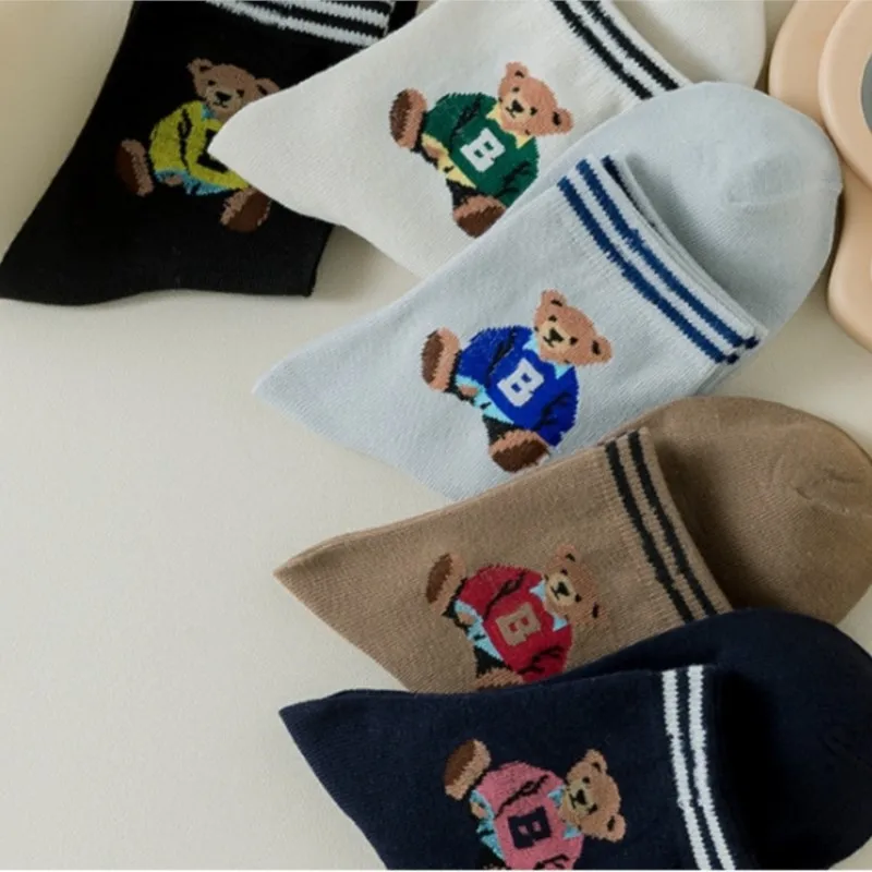 5 Pairs Women's Socks Fall Trend Striped Letter Bear Cartoon Harajuku Cute Kawaii Middle Tube Socks Casual Comfortable Warm