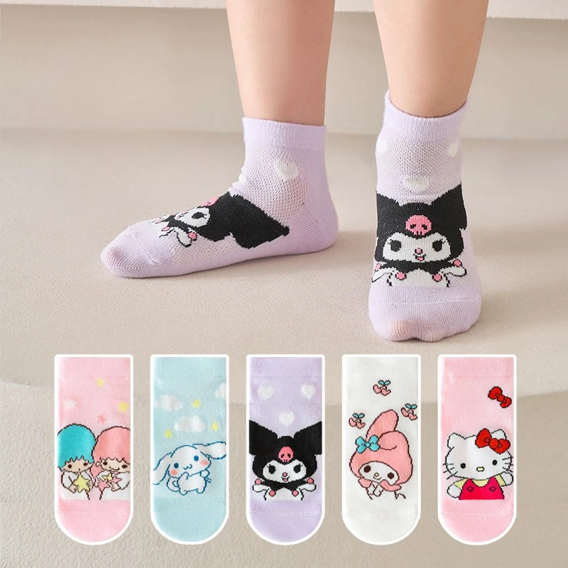 

5pcs Sanrio Children Cotton Socks Kuromi Cinnamoroll Melody Hello Kitty Girls Socks Student Mid-tube Socks Gift