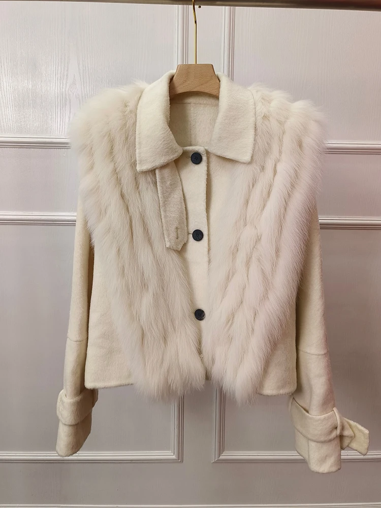 Abrigo de piel auténtica para mujer, Chaqueta corta de lana de Cachemira con cuello de piel de zorro Natural, ropa de abrigo femenina para otoño e invierno, 2024