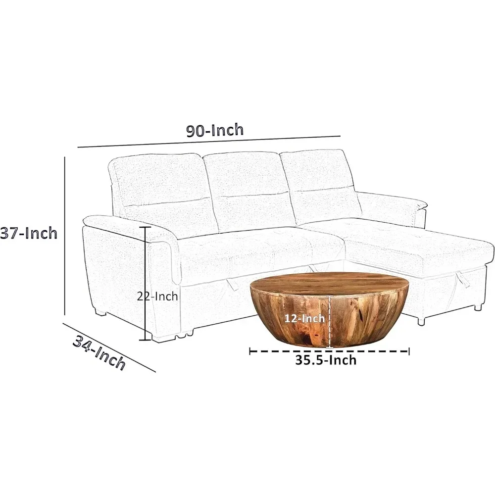 La mesa de centro Urban Port de madera de mango de forma redonda, 35,5" x 35,5" x 12" de altura y puede manejar un peso de 400 libras.