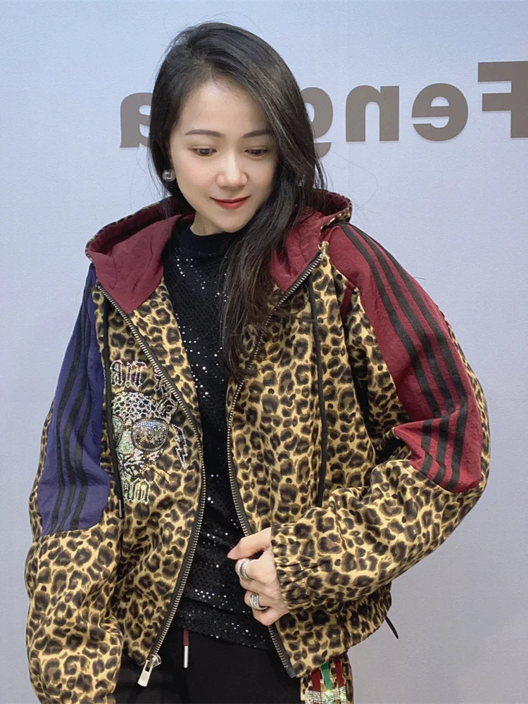 Women Leopard Printed Women Jackets Casual Loose Cartoon Pattern Diamonds Zipper Hooded Cardigan Waistcoat