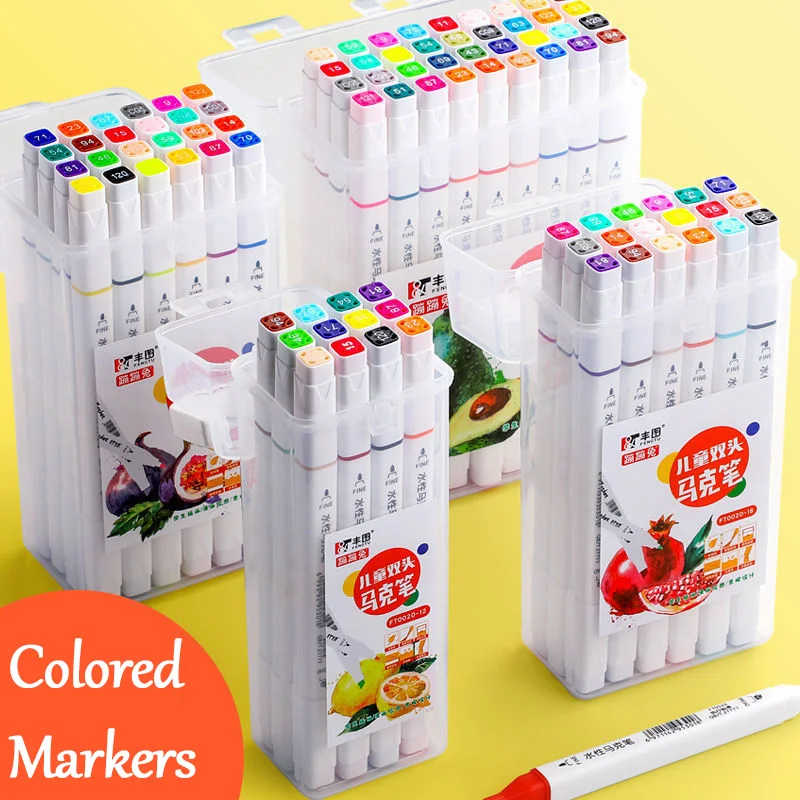 12-48 Colors Water-Based Art Markers Double-Headed Marker Pen with Storage Box Washable Highlighter for School Office Supplies