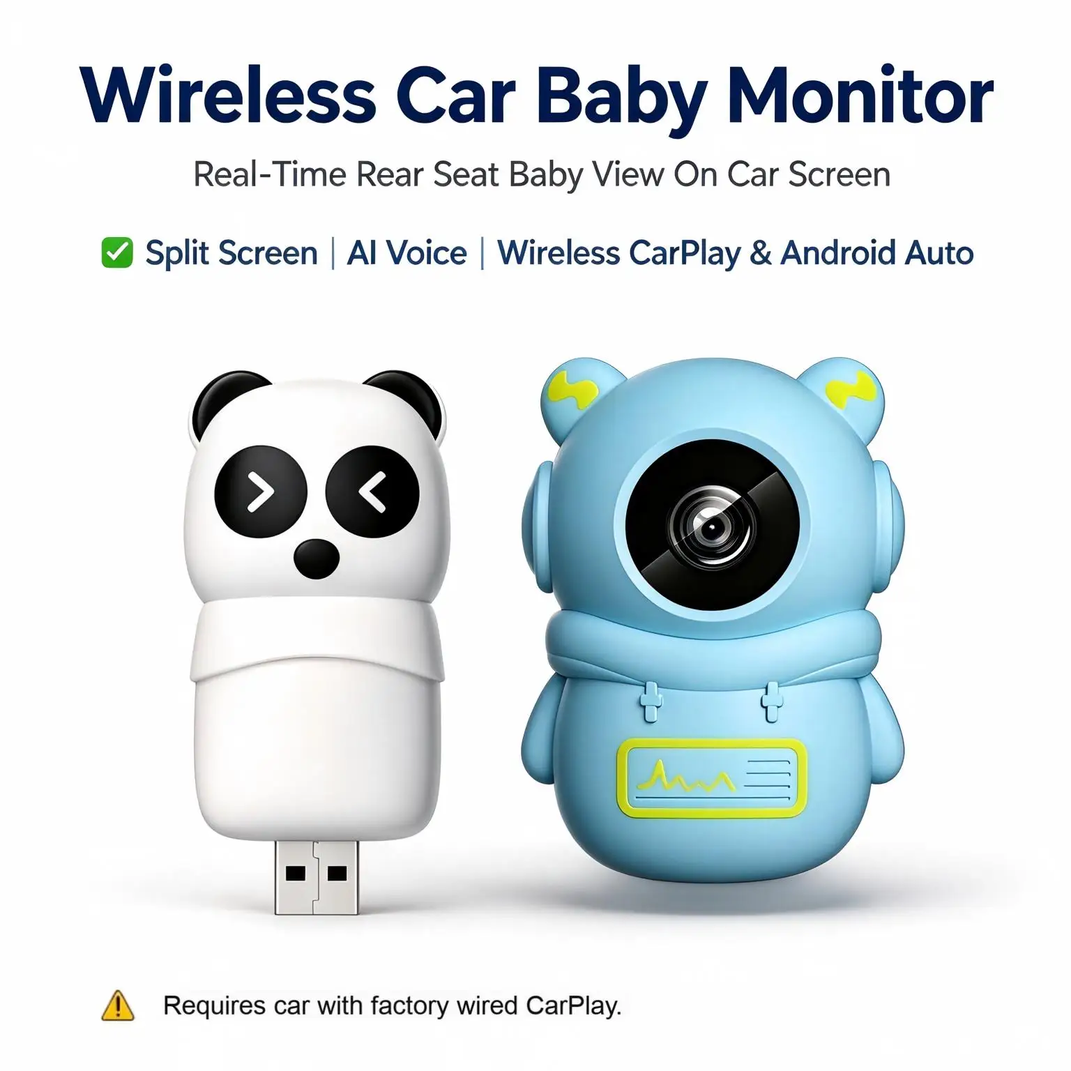 Wireless CarPlay Box with HD 1080P Camera, Monitor Baby While Driving, Safe Travel, Ideal for One Person with Kids, OEM Screen