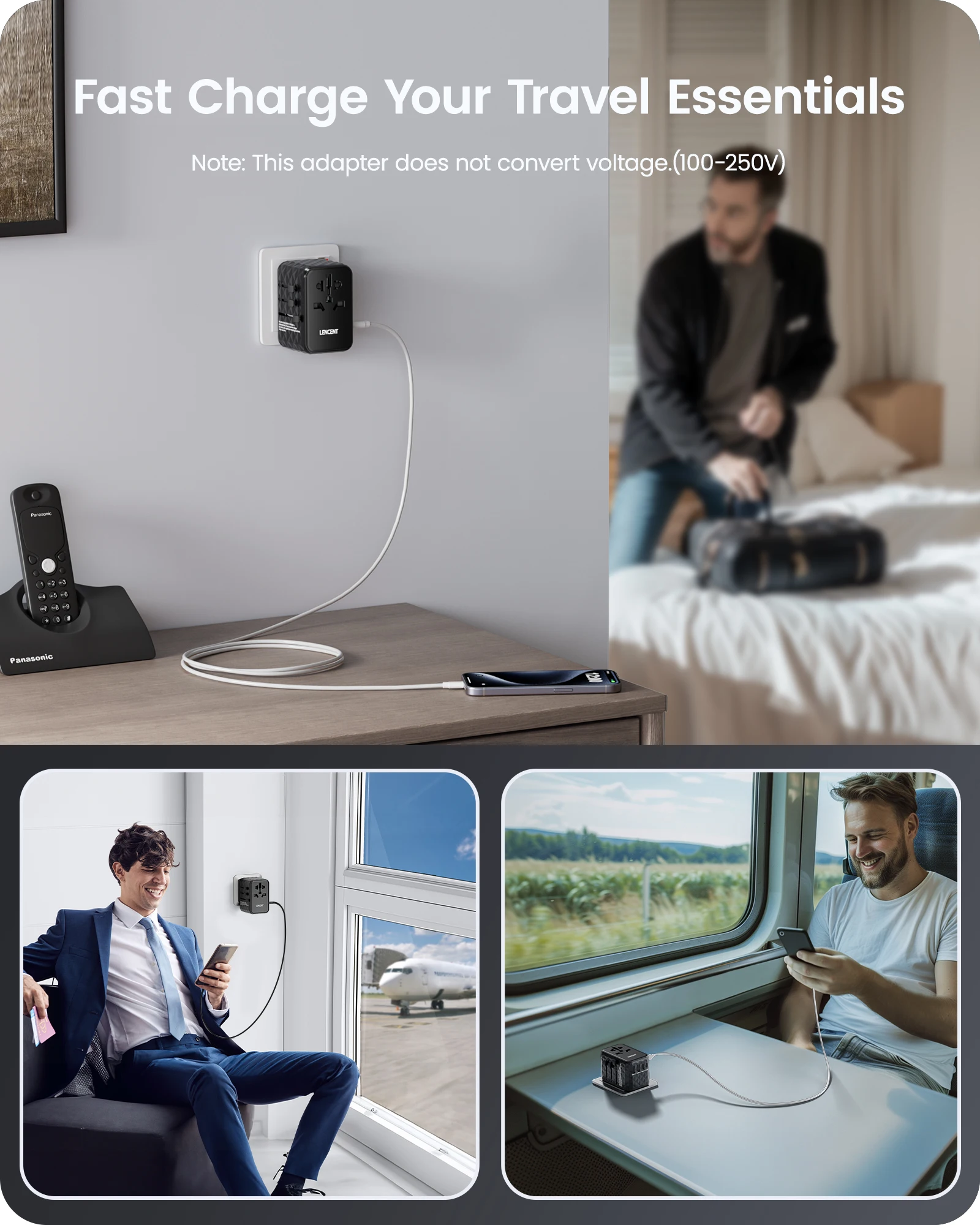 LENCENT 65 واط GaN محول السفر العالمي مع 2 USB-A + 3 نوع C شحن سريع محول الطاقة الاتحاد الأوروبي/المملكة المتحدة/الولايات المتحدة الأمريكية/الاتحاد الأفريقي التوصيل للسفر