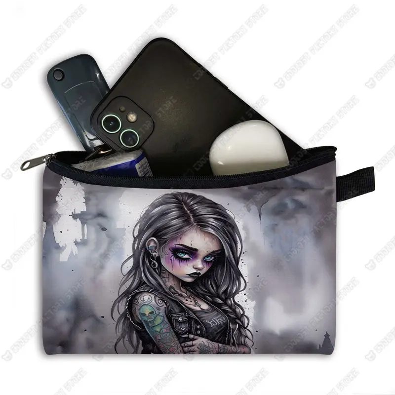 Cartoon Gothic Girl and Bear Doll Print Cosmetic Case Cool Goth Girl Makeup Organizer Napkin Storage Pouch Lady Toiletries Bag