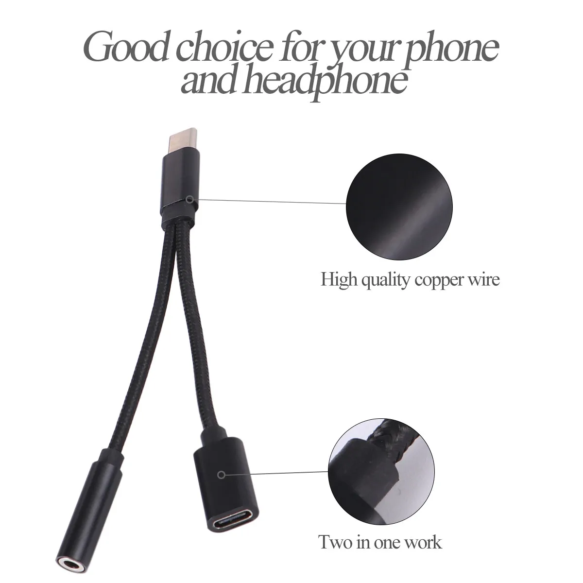 Type-C Earphone Adapter Black Mini Compact 2-in-1 Charging Converter Support Music Listening Simultaneous Charging Headphone