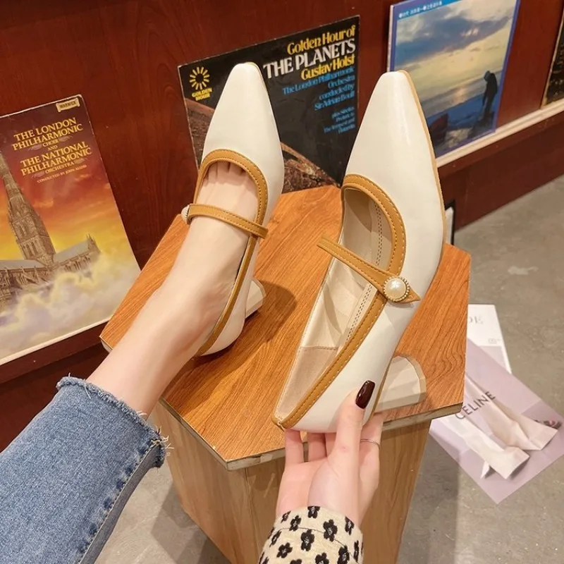 2024 Fashion Mary Janes Pumps Shoes Women Mid Heels Pumps Lady Spring Summer OL Heeled Shoes Pointed Toe Party Woman Shoes