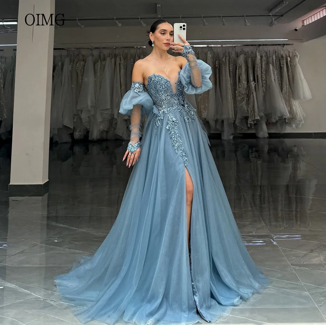 

OIMG Blue A-line Prom Gowns Off The Shoulder Formal Party Gown Flowers Sweetheart Neck Side Slit Evening Dress Customized