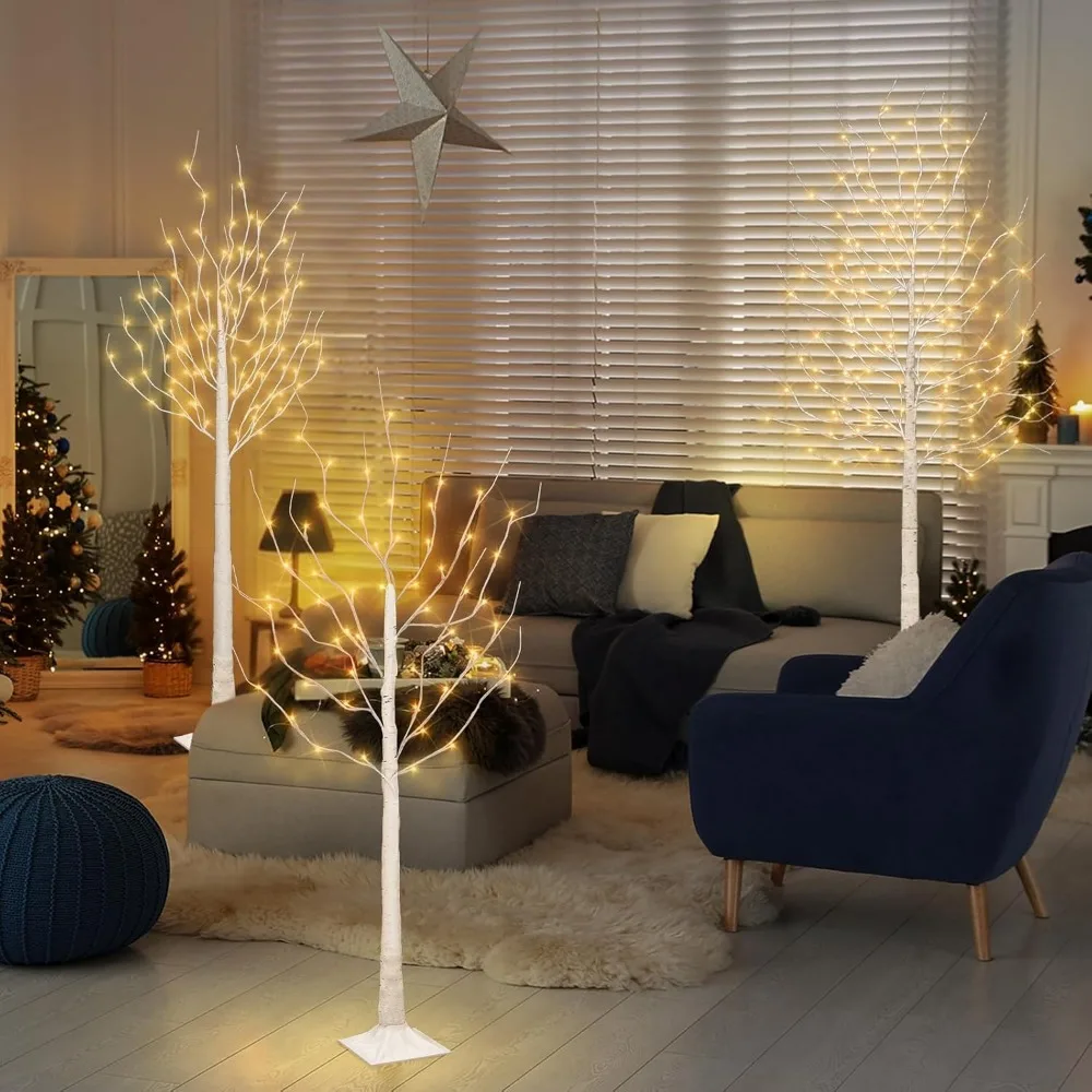 Illuminated Birch Christmas Tree with 144 LED Warm White Lights, 8 Lighting Modes for Festive Decor Indoor/Outdoor