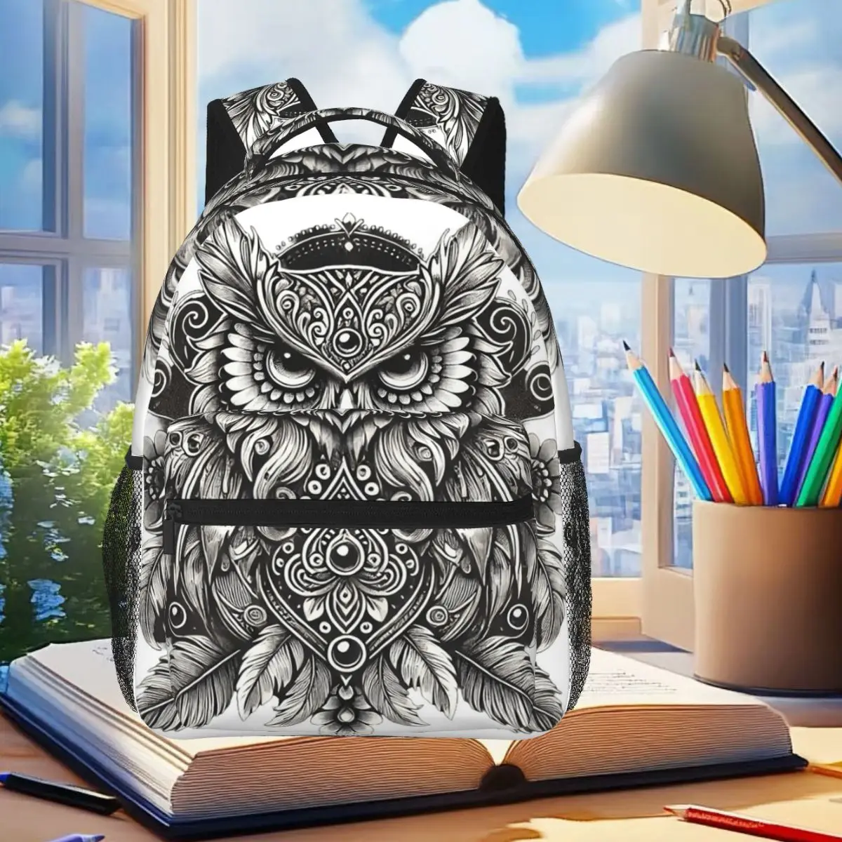 

Mystical Ornate Owl - черно-белый студенческий рюкзак в стиле бохо, школьная сумка, походный дорожный рюкзак для мужчин и женщин, сумка для книг, сумки на плечо