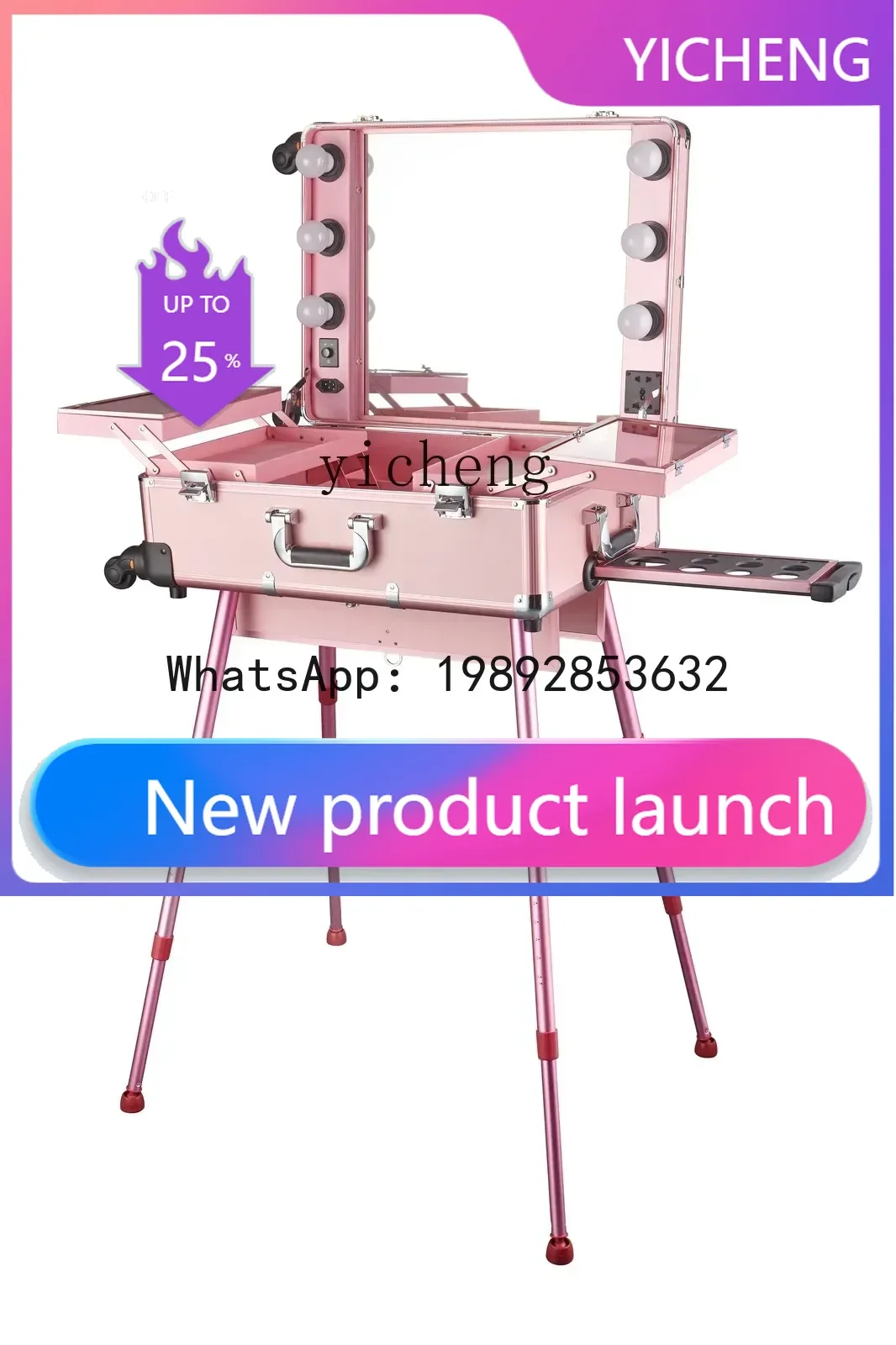 

JS6 Professional Trolley with Bracket Cosmetic Case LED Dimming Mirror Bracket Detachable Universal Wheel Professional