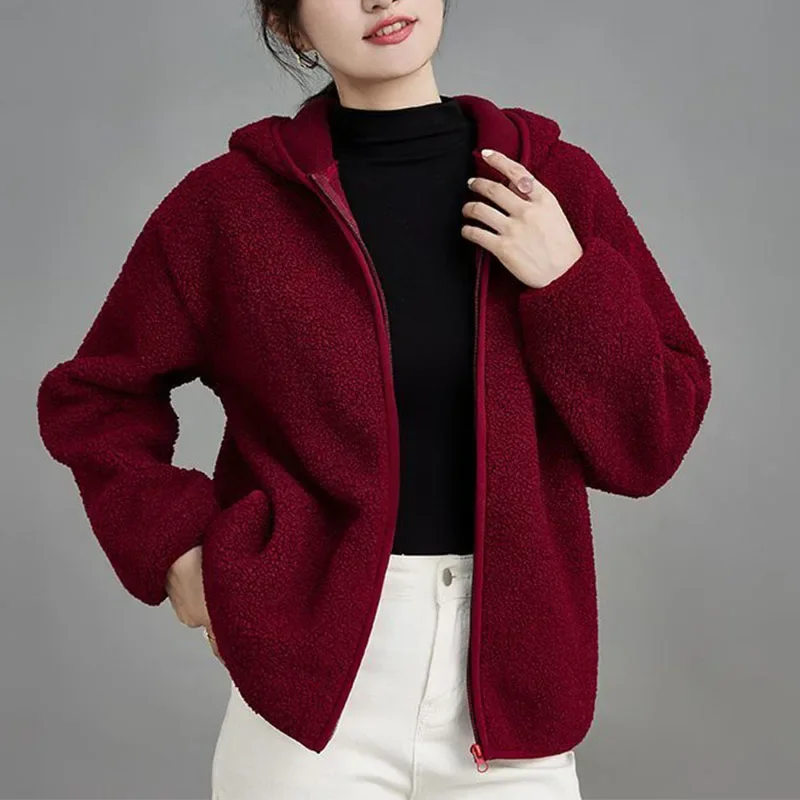 

Pop Autumn Winter Women Coats Korean Fashion Hooded Solid Zipper Loose Long Sleeve Thicken Warm Cardigan Lamb Wool Short Jackets