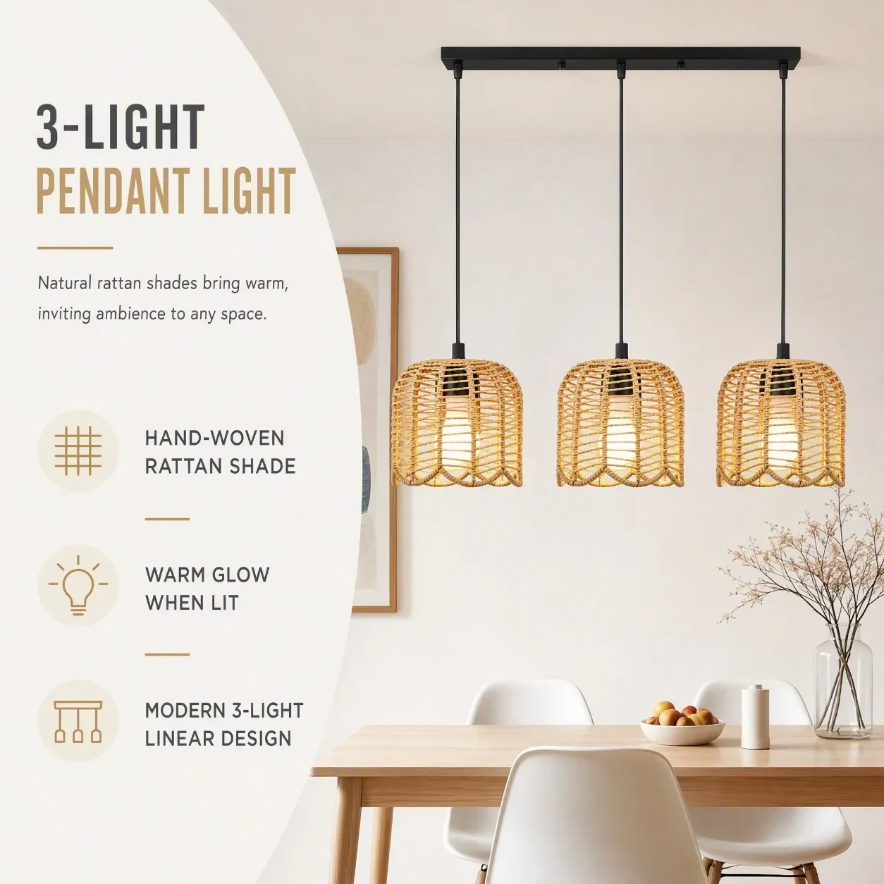 JOYINLED 3 Light E27 Paper Rope Hanging Light Ceiling Chandeliers Boho Woven Pendant Lights for Living Room Kitchen Island E27