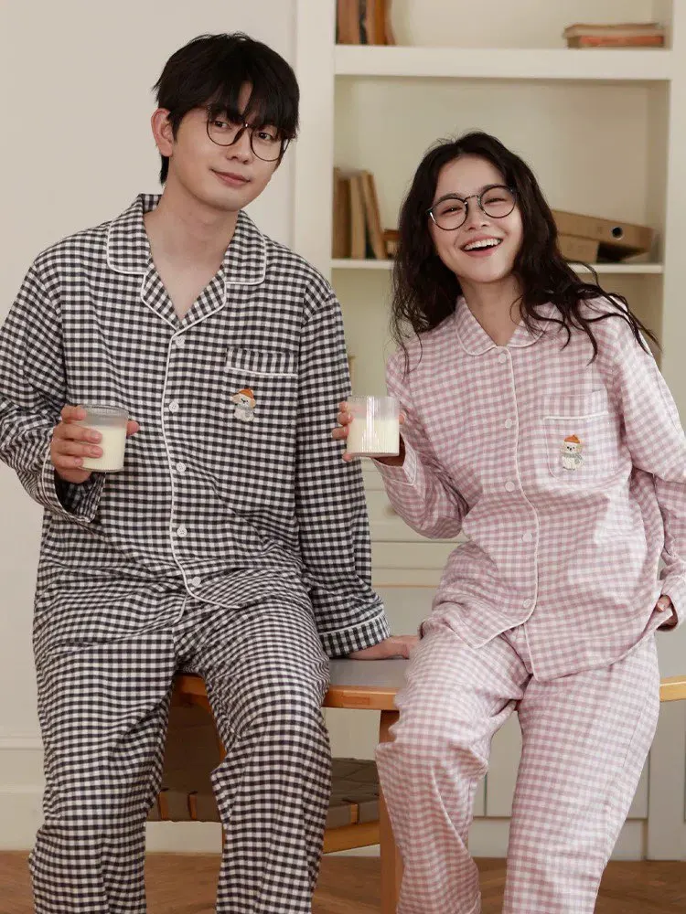 

Милая мультяшная домашняя одежда для пар из хлопкового фланеля с длинными рукавами и длинными брюками для мужчин и женщин, осенне-зимняя верхняя одежда