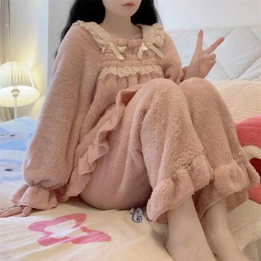 Fluffy Coral Velvet Pajama Sets Women Sweet Soft Solid Warm Thicken Winter Vintage Square Collar Bow Designed Simple Sleepwear