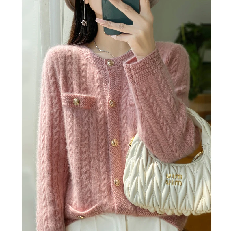 100% Merino Wool Cardigan Women\'s Round Neck Thick Autumn Winter Fashion Solid Color Pocket Elegant Knitted Jacket Sweater Top