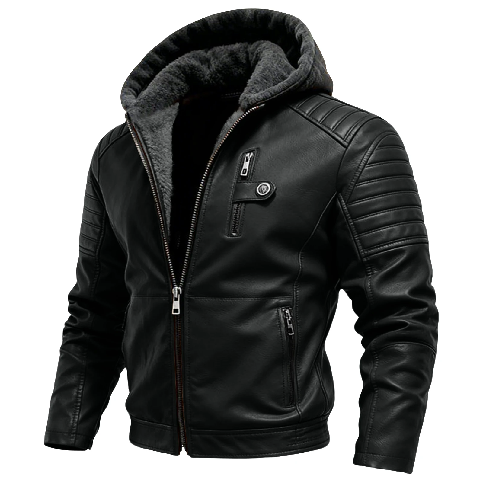 

Leather Jacket Mens Zipper Hood Motorcycle Commuting Racing Suit Cycling Suit Jacket American Tough Guy Lapel Leather Coat Fall