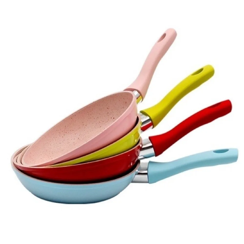 Durable Non Stick Frying Pan Wok 14cm Marble Coated Food Pan Silicone Handle Kitchen Cookware Omelette Pan Household