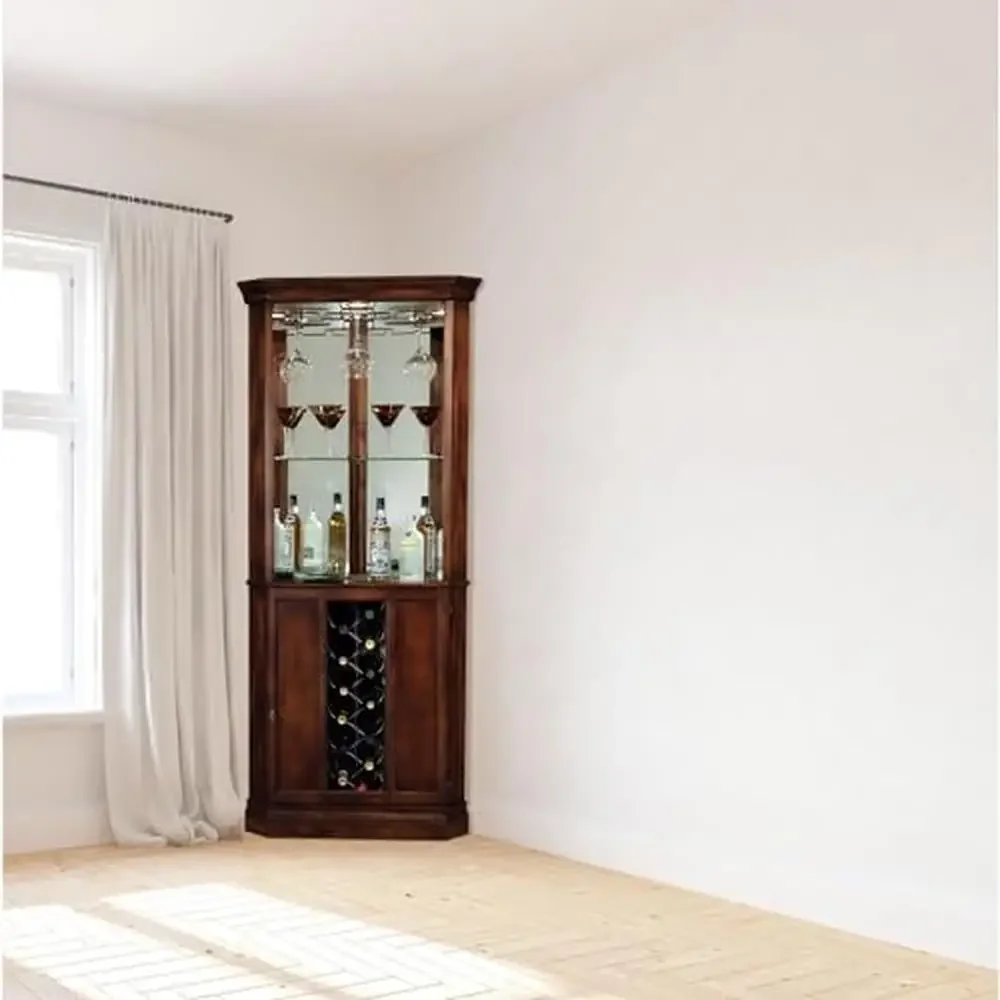 Corner Wine & Bar Cabinet Rustic Cherry Finish Home Liquor Storage Touch-Lite Switch Stemware Rack Made in USA 76