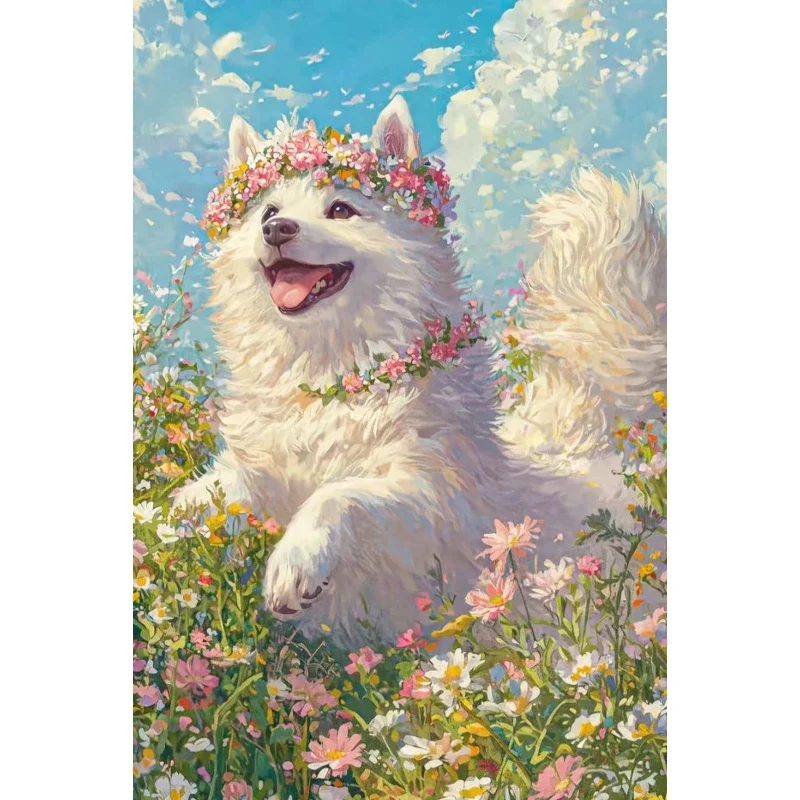 DIY Flower Wreath Samoyed Dog Wildflower Meadow Blue Sky Style Diamond Painting Mosaic Handmade Art Exquisite Wall Decoration