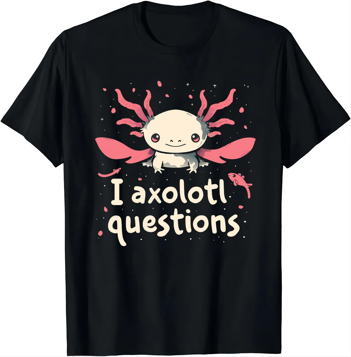 Black Tee with Adorable Axolotl - Funny Questions for A Laugh T Shirt  Graphic T Shirts Mens Clothes Tops Streetwear