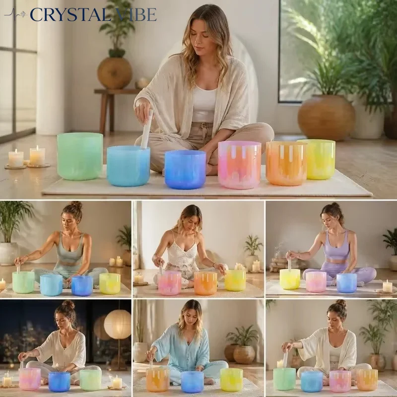 CRYSTAL VIBE 432Hz Cosmic Light Clear Crystal Singing Bowl Alchemy Sound Healing Meditation Chakra Balance with Bag 7pcs
