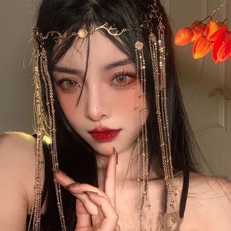 

Tassel Ancient Style Hanfu Face Curtain Forehead Jewelry Net Red Hair Accessories Gold Retro Hair Card Bride Hair Accessories