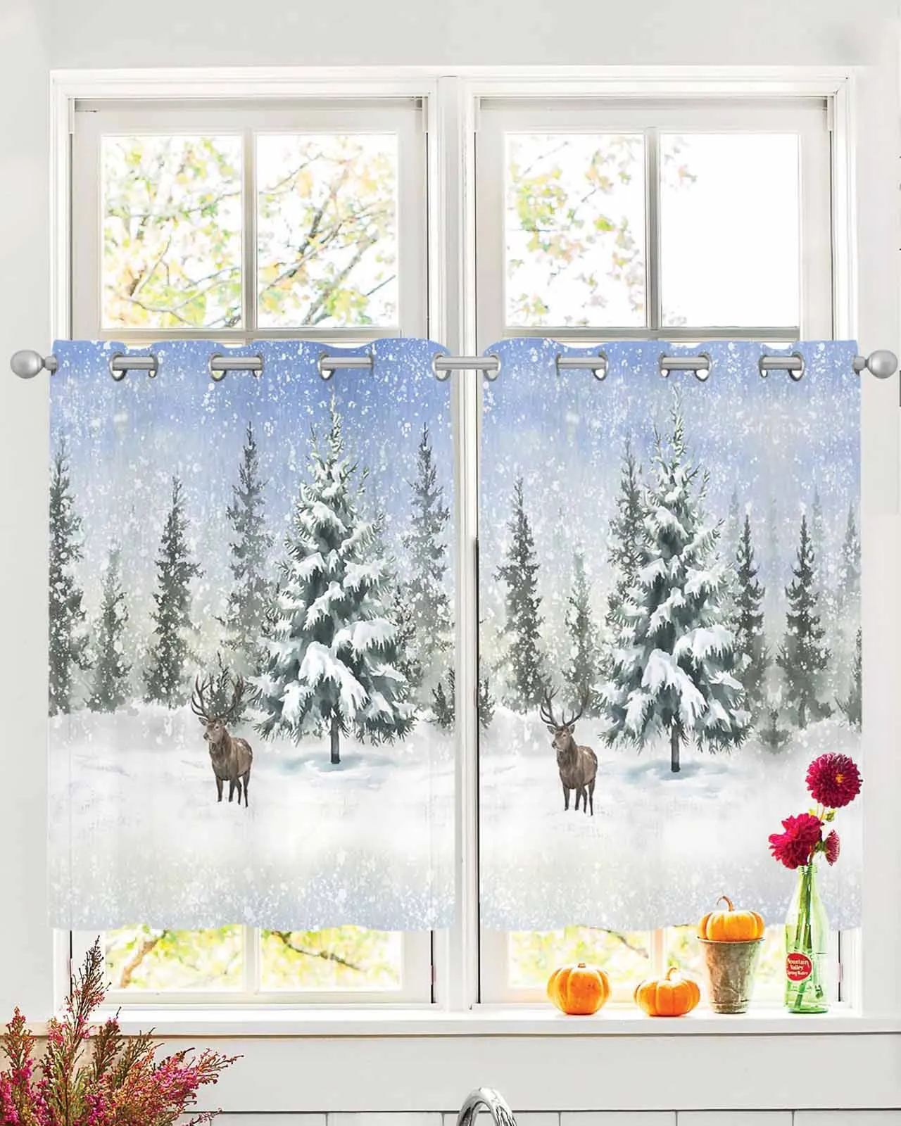 

2pcs Tulle Window Curtains Christmas Christmas Tree Deer Snow for Living Room Bedroom Chiffon Sheer Voile Window Curtain