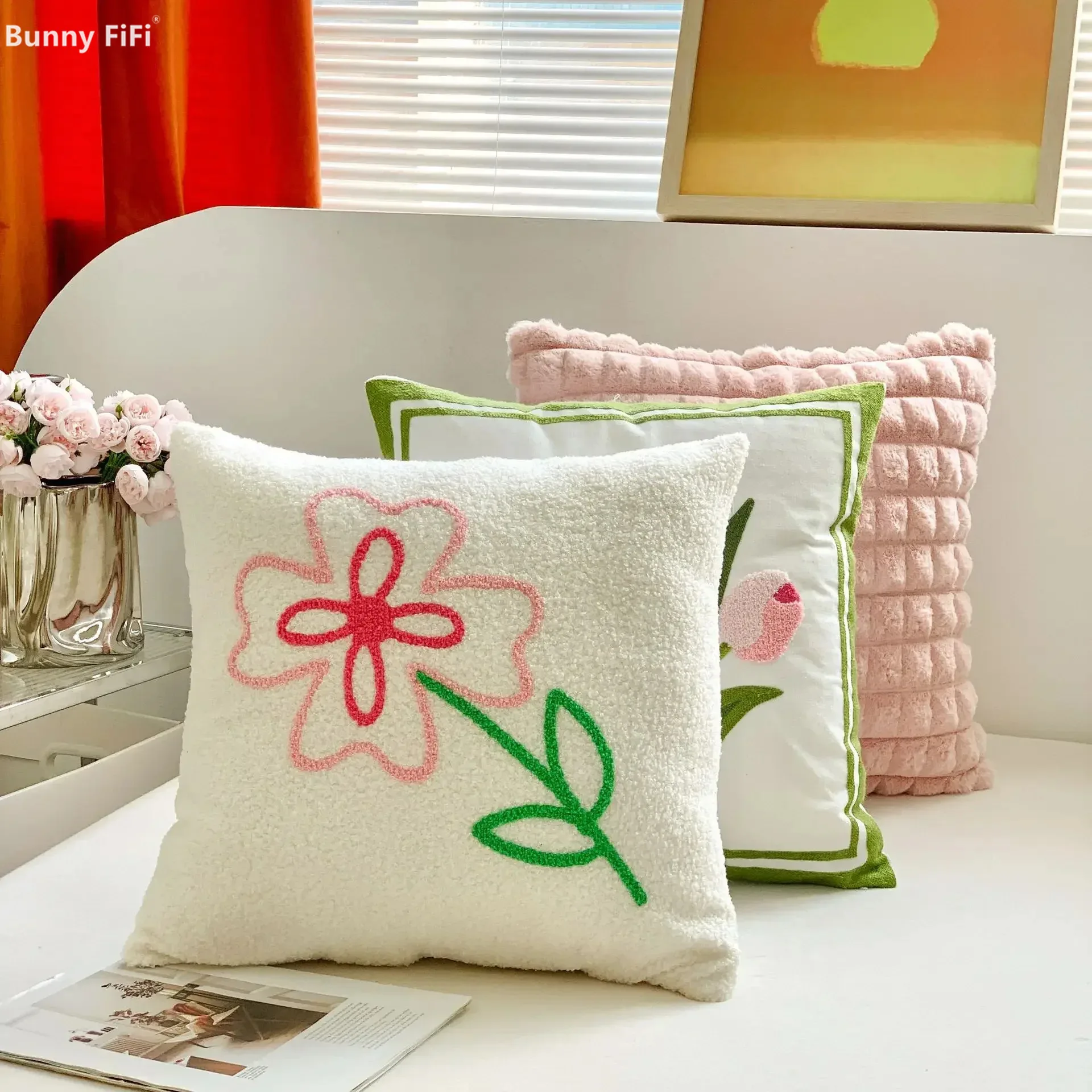 French Pink Floral Pillow Cases Fluffy Flower Embroidered Throw Pillow Cover Living Room Sofa Decorative Pillow Case 45x45cm