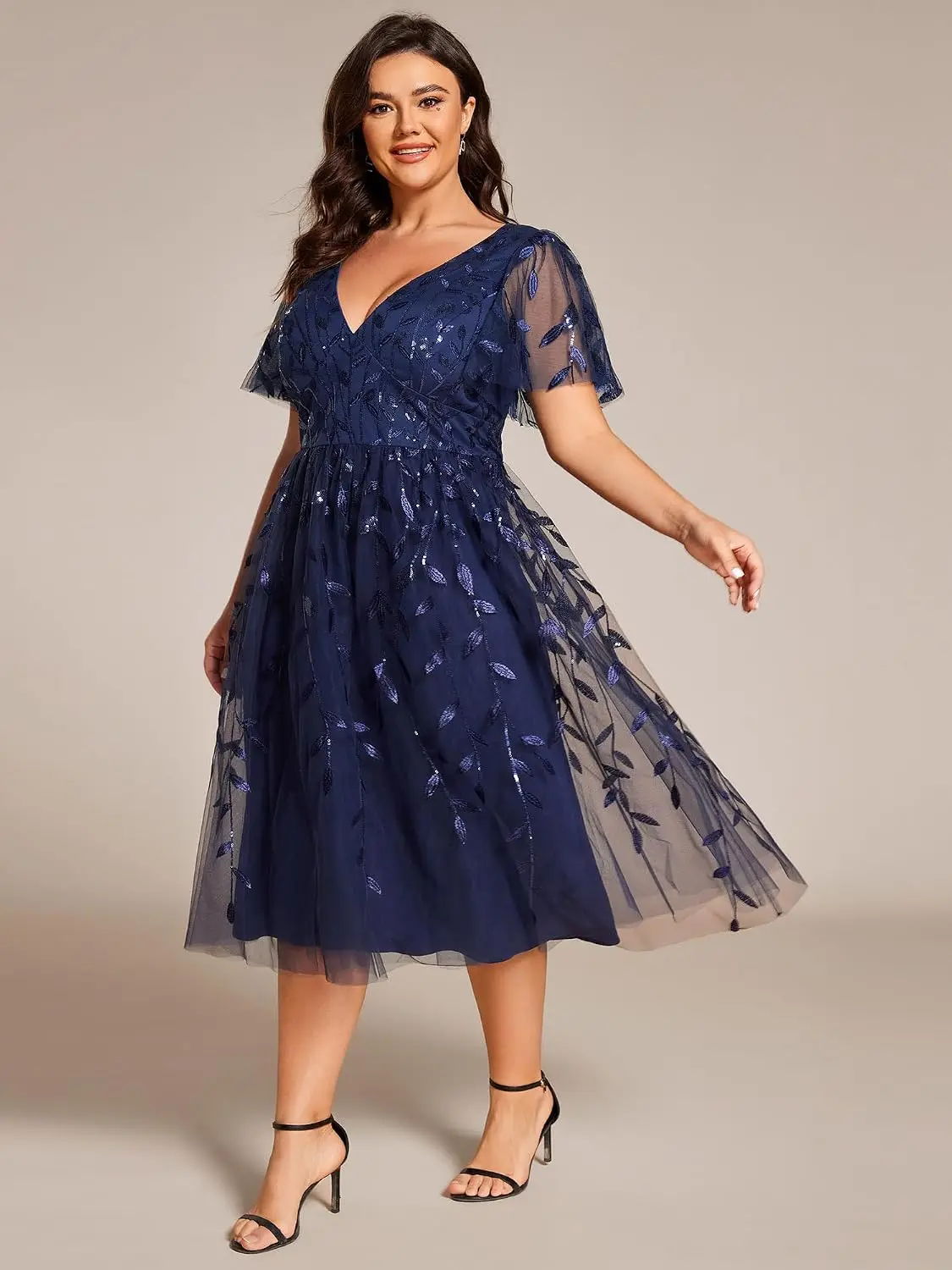 Womens Embroidered Tulle Plus Size Cocktail Evening Party Dress A-Line Midi Wedding Guest Dresses Mother of The Bride