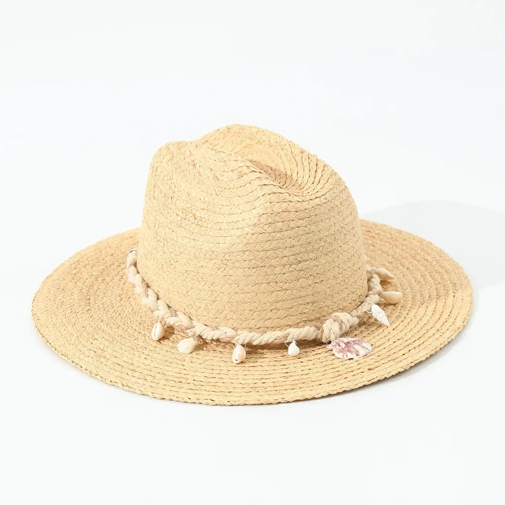 Summer Handmade Raffia Straw Hat Women Fashionable Shell Design Panama Hat Outdoor Vacation Beach Sun Hat