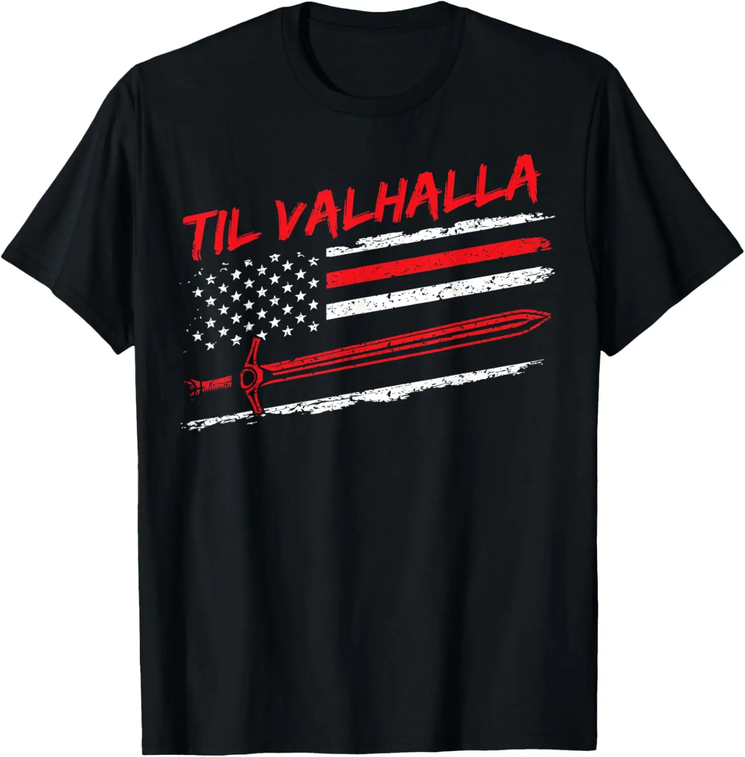 

Til Valhalla Retro Sword USA Flag Patriotic T-Shirt 100% Cotton O-Neck Short Sleeve Summer Casual Mens T-shirt Streetwear