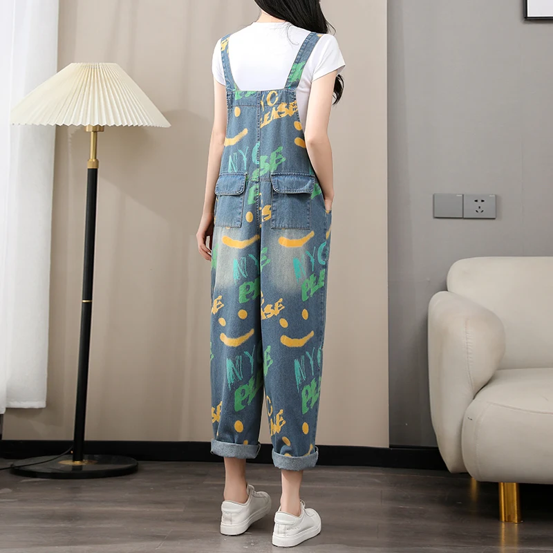 #1447 Letters Printed Denim Overalls For Women Sleeveless Wide Leg Denim Jumpsuits Ladies Loose Vintage Jumpsuits Spring Summer