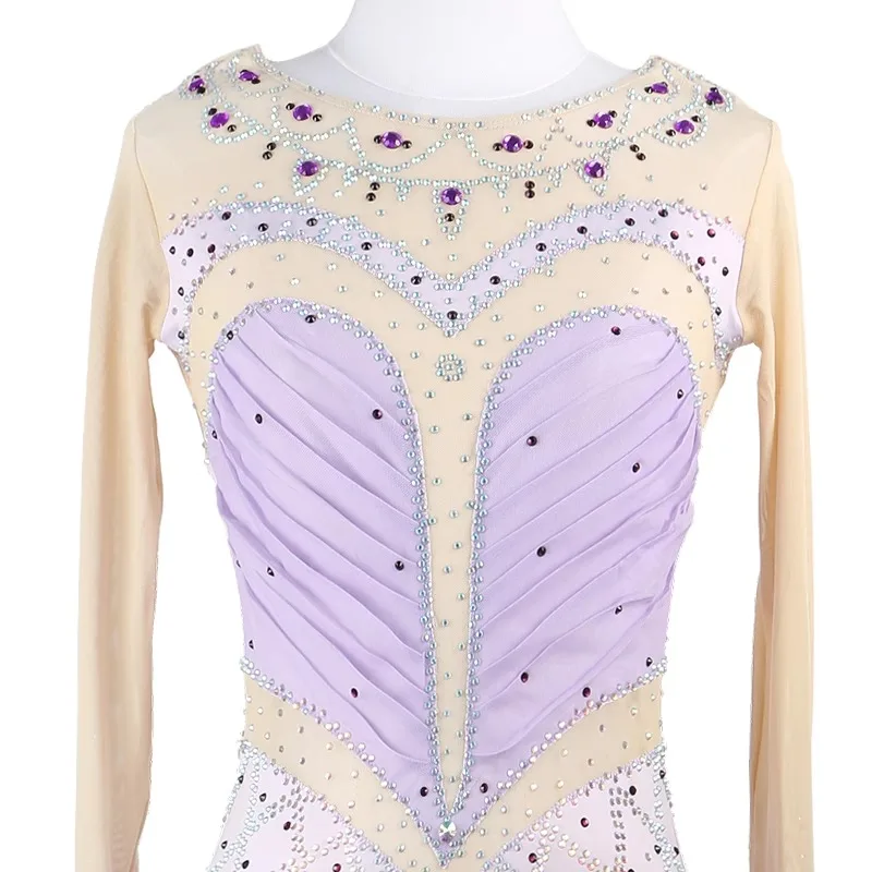 맞춤형 피겨 스케이팅 공연 의상 소녀 스케이트 스커트 성인 경쟁 등급 라이트 퍼플 화려한 다이아몬드