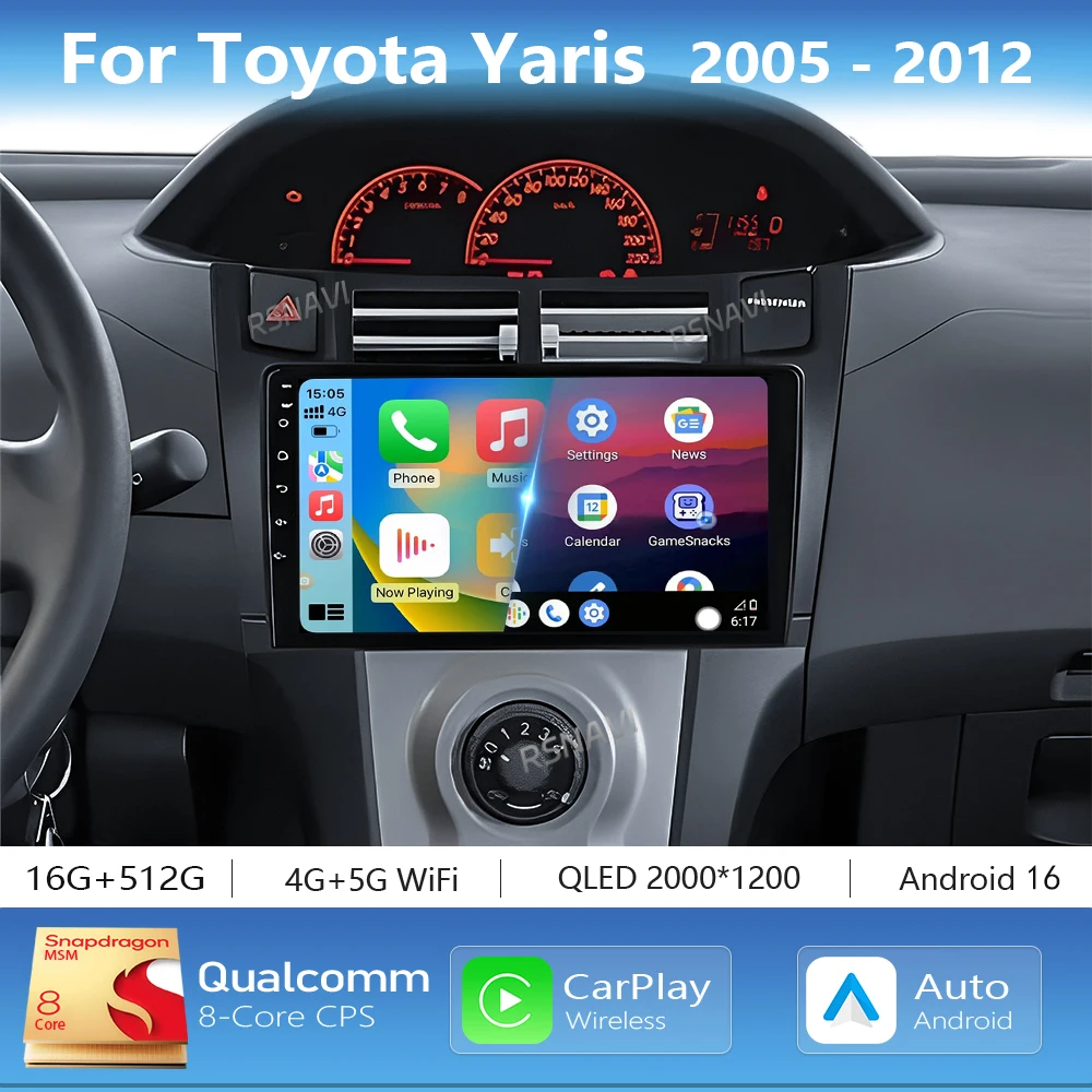 

Android 16 Car Radio Navigation Multimedia Player For Toyota Yaris 2005 - 2012 Carplay Auto Stereo Video GPS 2Din DSP WIFI+4G