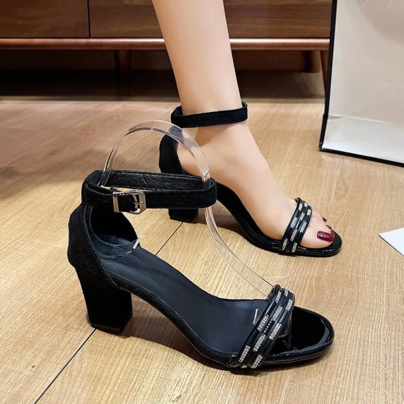 Novedad de verano, Sandalias de tacón grueso de estilo, línea de cristal de cabeza redonda para mujer con suela suave, Sandalias de tacón alto antideslizantes y resistentes al desgaste