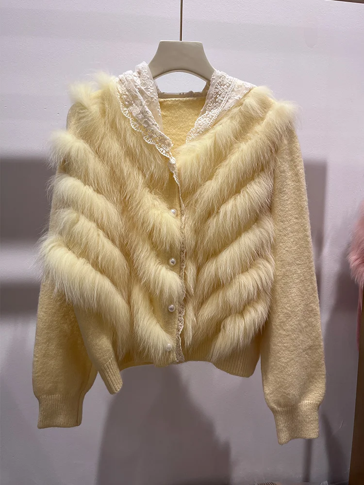 

Осень 202, женская шуба из натурального лисьего меха, весенняя полоска из лисьего меха, сшитый топтер, кружевное украшение, свитер, верхняя одежда