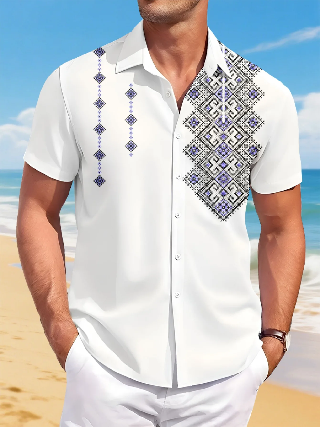 Men'S Lightweight Hawaiian Shirt - 3D Geometric Print, Casual Short Sleeve, Button-Up Collar, Breathable Summer Beachwear,