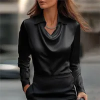 Elegant Women's Satin Shirt Blouse New Print V-neck Swing Neck Long-sleeved Solid Color Loose Shirt Casual Top Office Ladies 3