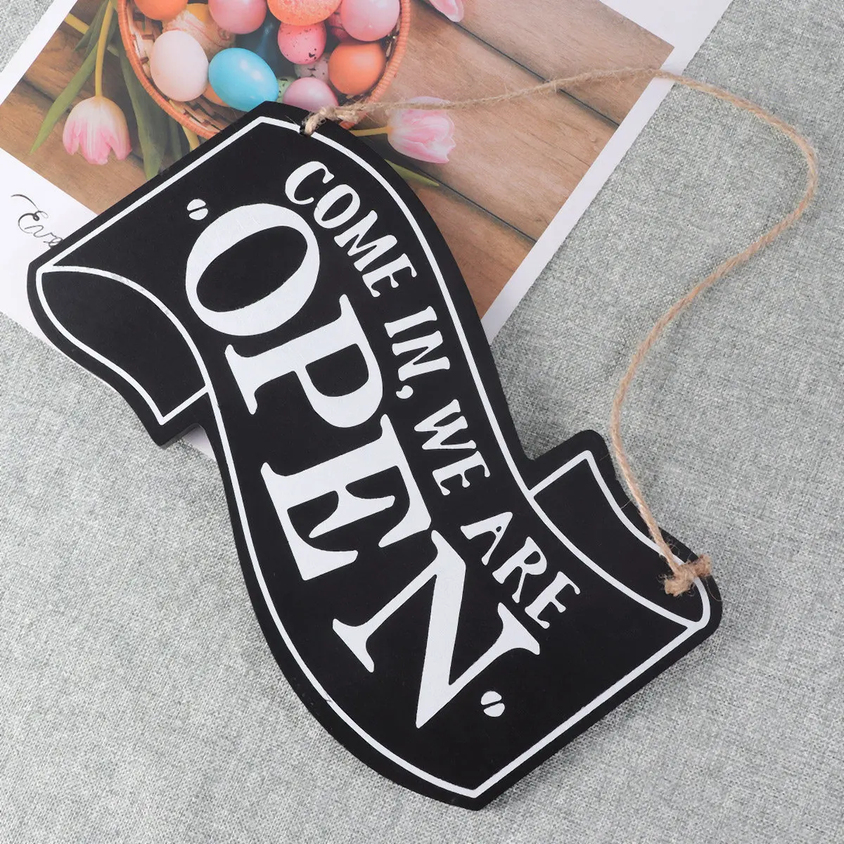 Two Sided Wooden Door Sign Vintage Design Clean Bold Text Come in We're Open Reverse Braided Rope Hanger Shop