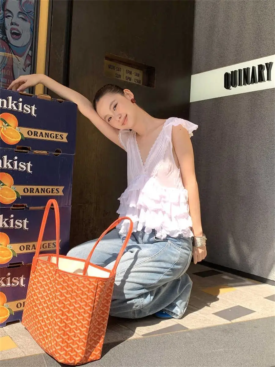 Korean Sle Pure Desire V-Ne Women's Top Summer New Bal Irregular Lace Svel Vest Ins Faion Commute Sle Slim...